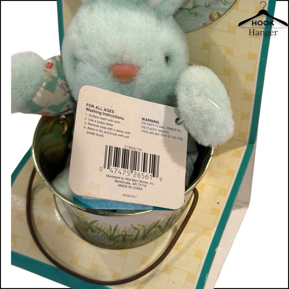 Vintage‎ Homespun Creations Easter Trinket Tin Bucket Lid Mint Green Bunny 90s